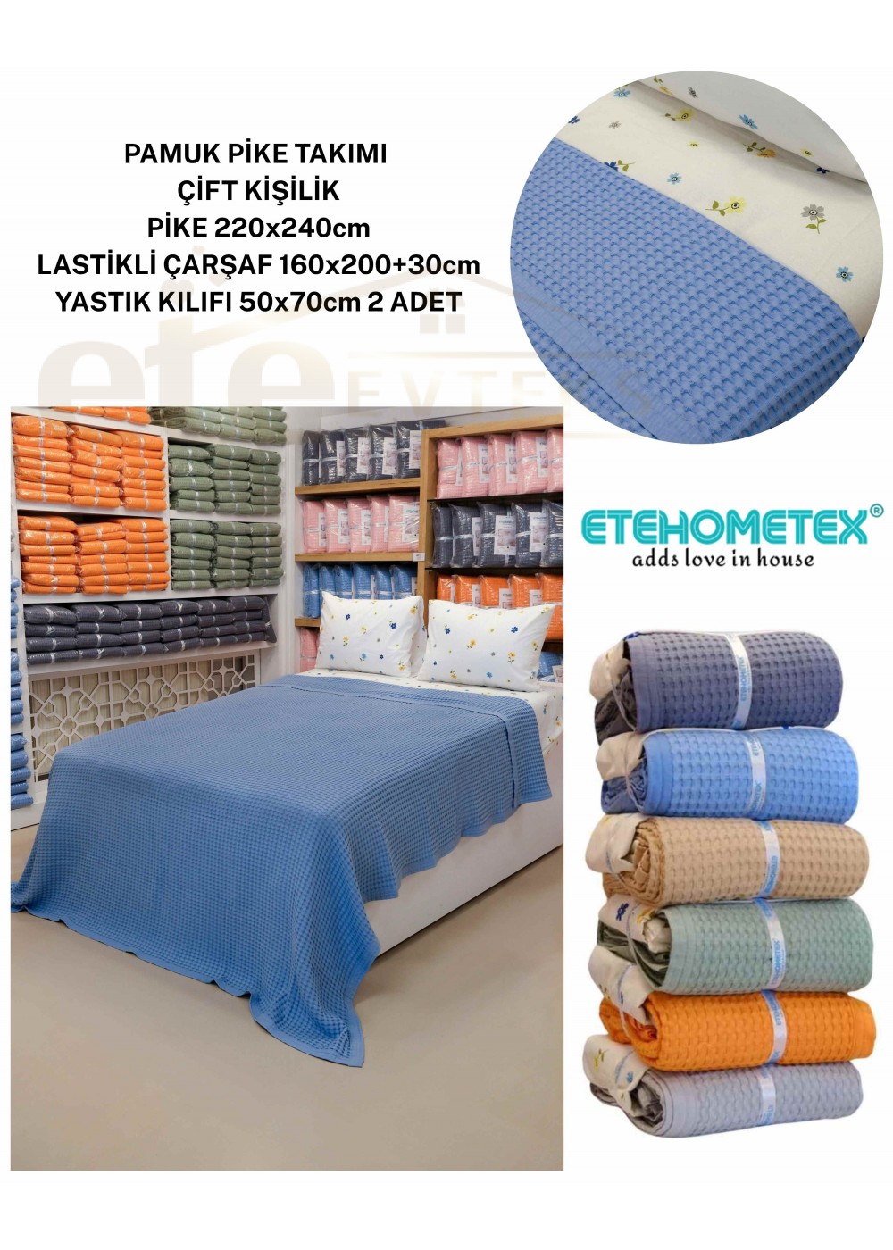 ETEHOMETEX ÇİFT KİŞİLİK %100 PAMUK HAVUZLU PİKE TAKIMI MAVİ 8696474232072